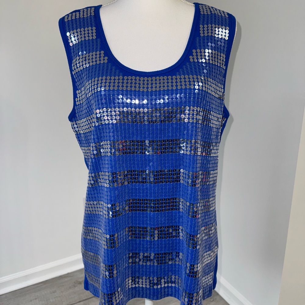 Cato Royal Blue Silver Sequin Striped‎ Sleeveless Tank Top XL NWT
